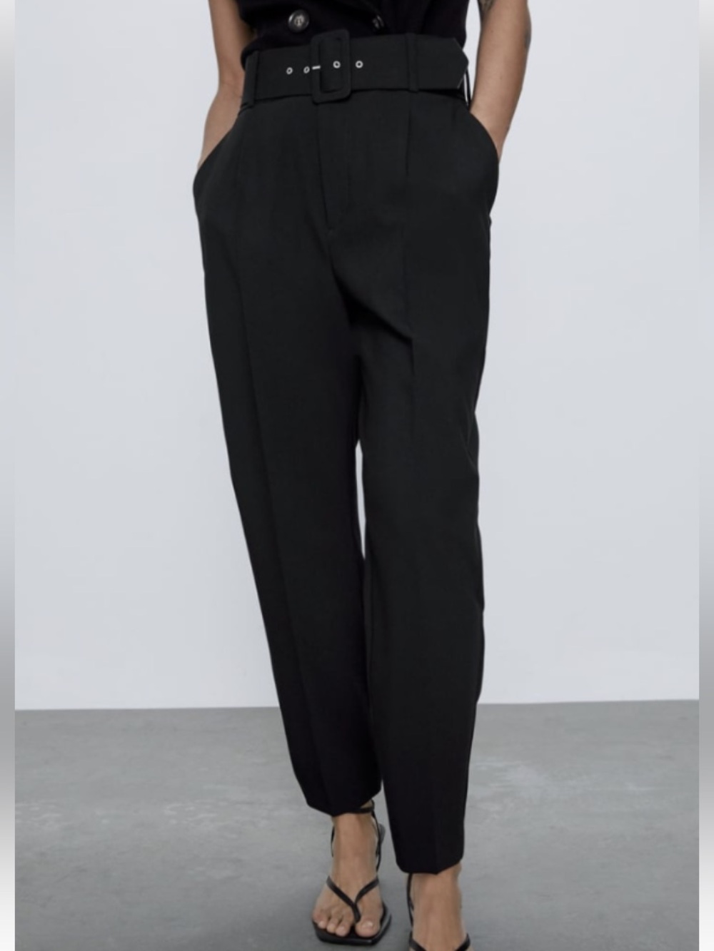 Zara Black High-Waist Tailored Trousers with Belted Waist. Size Small. Tapered. - Picture 2 of 8